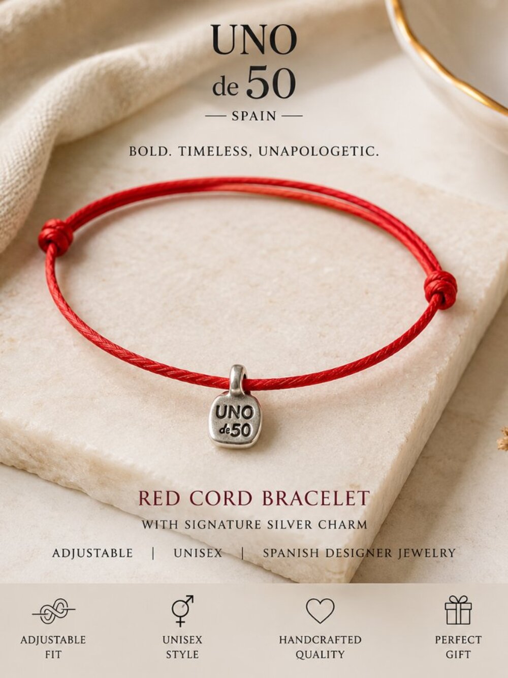UNO de 50 Red Cord Bracelet Silver Charm Adjustable Unisex NWOT